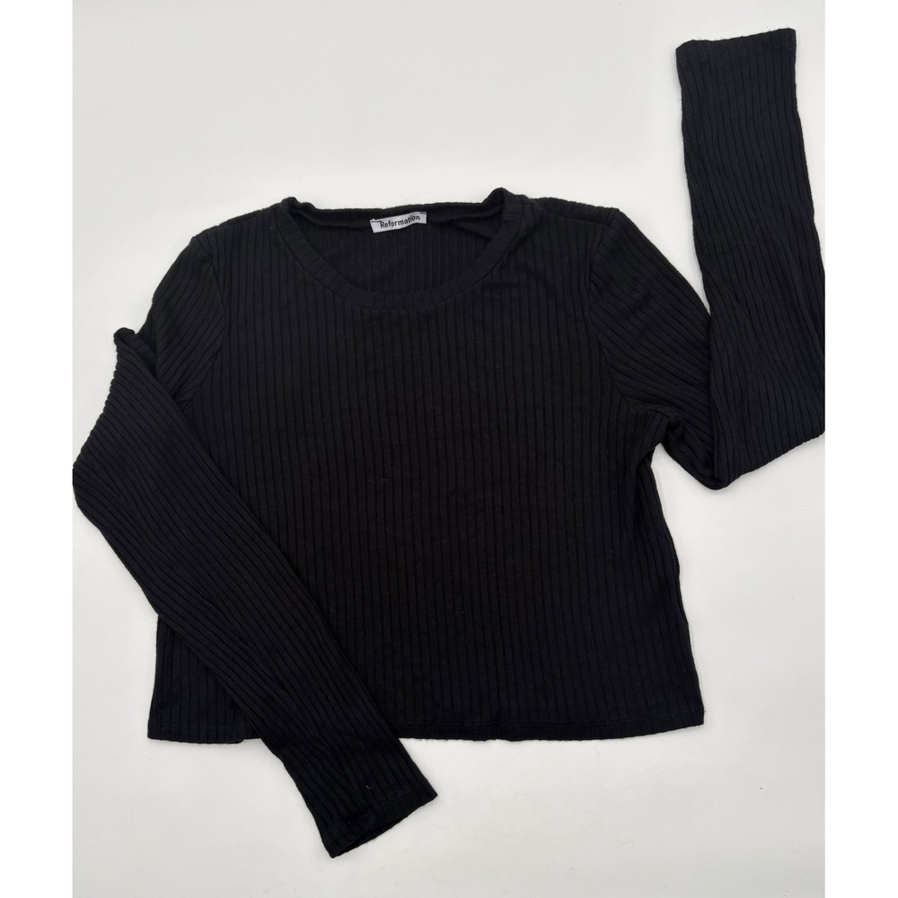 Reformation Black Ribbed Long Sleeve Crew Neck Top Tencel Modal Size M